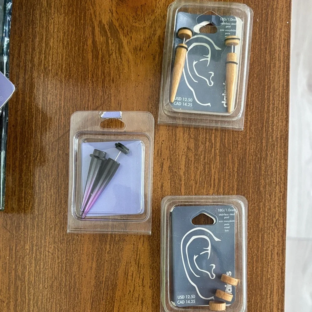 Set of 3 pair Black and Purple, and Wood Ear Gauges